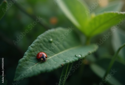 A red ladybug crawling on a green leaf with a blurred background