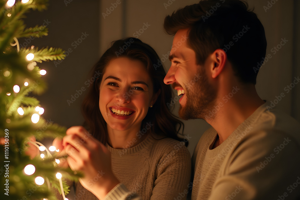A couple decorating a Christmas tree together, laughing as they untangle string lights. A couple decorating a Christmas tree together, laughing as they untangle string lights.