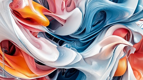 An energetic 3D composition of abstract forms in constant motion, swirling and intertwining, with a sense of depth