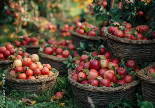 Abundant Harvest of Fresh Red Apples in Woven Baskets Surrounded by Lush Greenery and Sunlit Orchard in a Picturesque Fall Setting