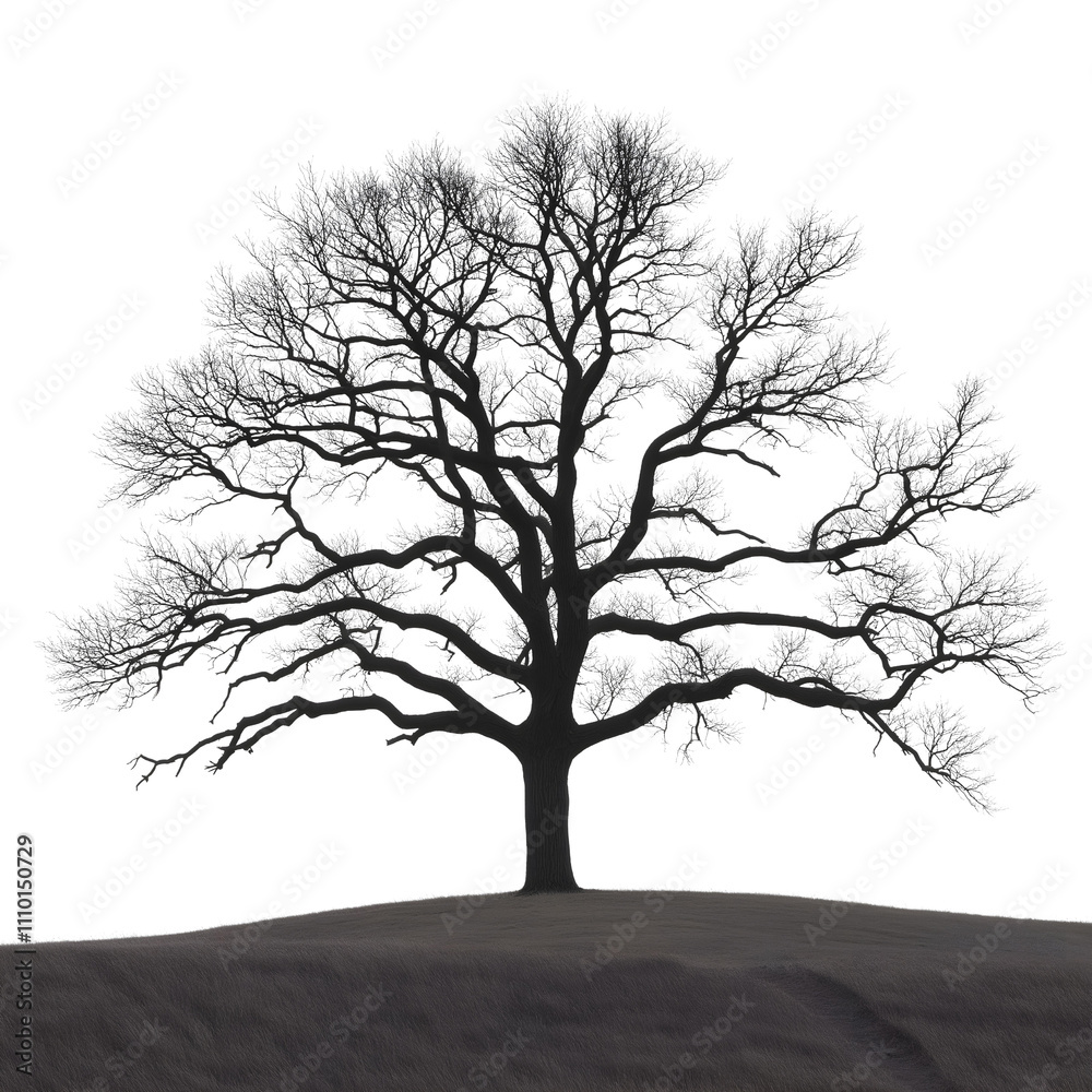 A beautifully intricate tree silhouette with bare branches, standing on a hill, isolated against a white background, perfect for cut-out designs. A beautifully intricate tree silhouette with bare branches, standing on a hill, isolated against a white background, perfect for cut-out designs.