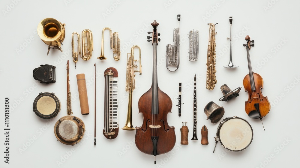 Naklejka premium A powerful depiction of diverse musical instruments arranged in a harmonious ensemble against a clean, white backdrop, Representing the collective beauty and impact of different voices coming together