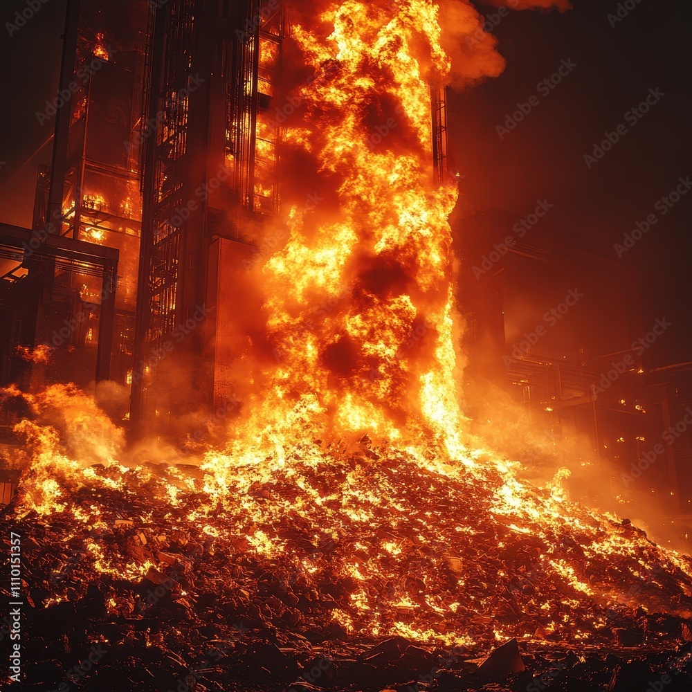 A towering inferno engulfs a pile of debris, emitting intense flames ...