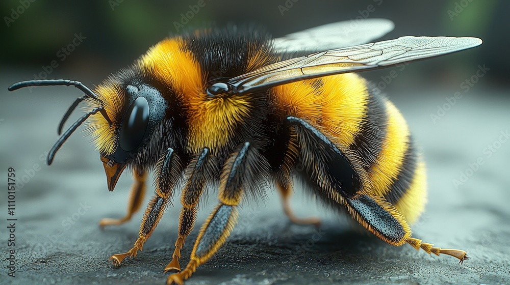 Close-up of a detailed bumblebee with vibrant stripes and delicate wings on a leaf Close-up of a detailed bumblebee with vibrant stripes and delicate wings on a leaf