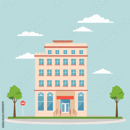 Cartoon-Style Five-Story Building with Red Awning and Trees Illustration