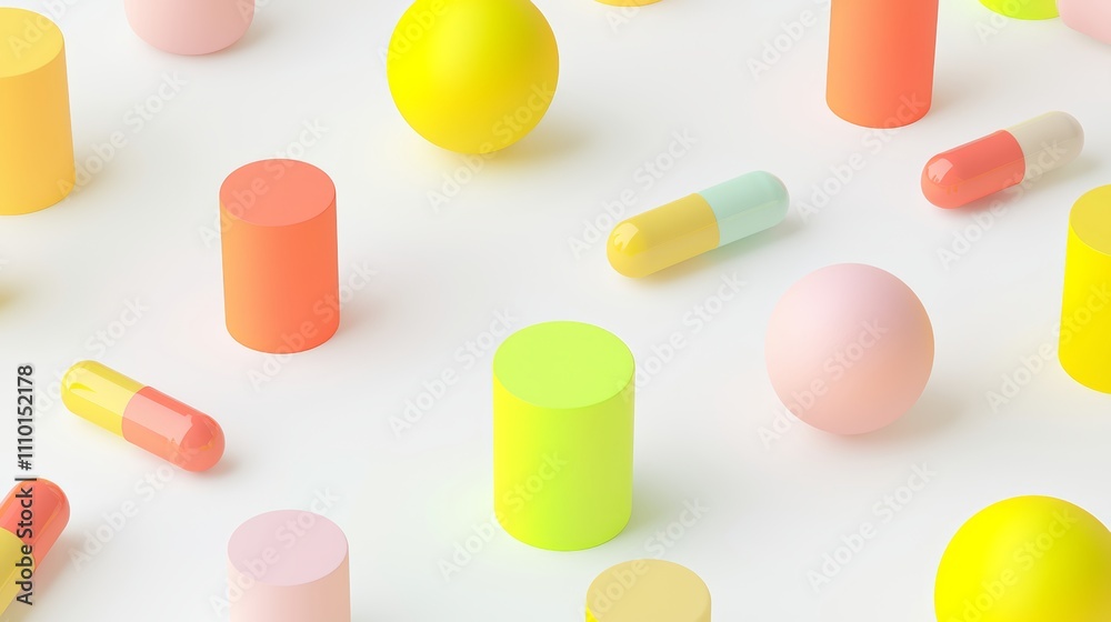 Colorful geometric shapes and capsule pills on white background Colorful geometric shapes and capsule pills on white background
