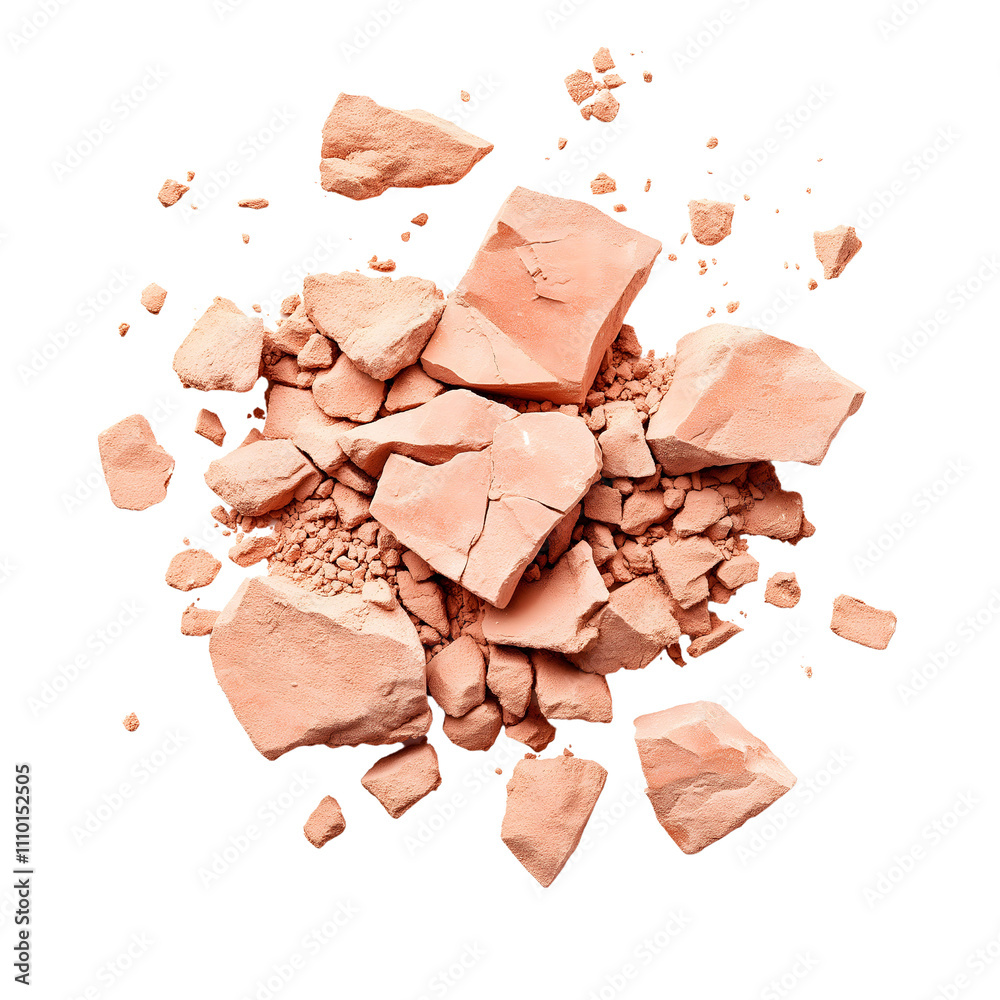 A collection of irregularly shaped pink clay pieces scattered on a white background, showcasing texture and color variations. A collection of irregularly shaped pink clay pieces scattered on a white background, showcasing texture and color variations.