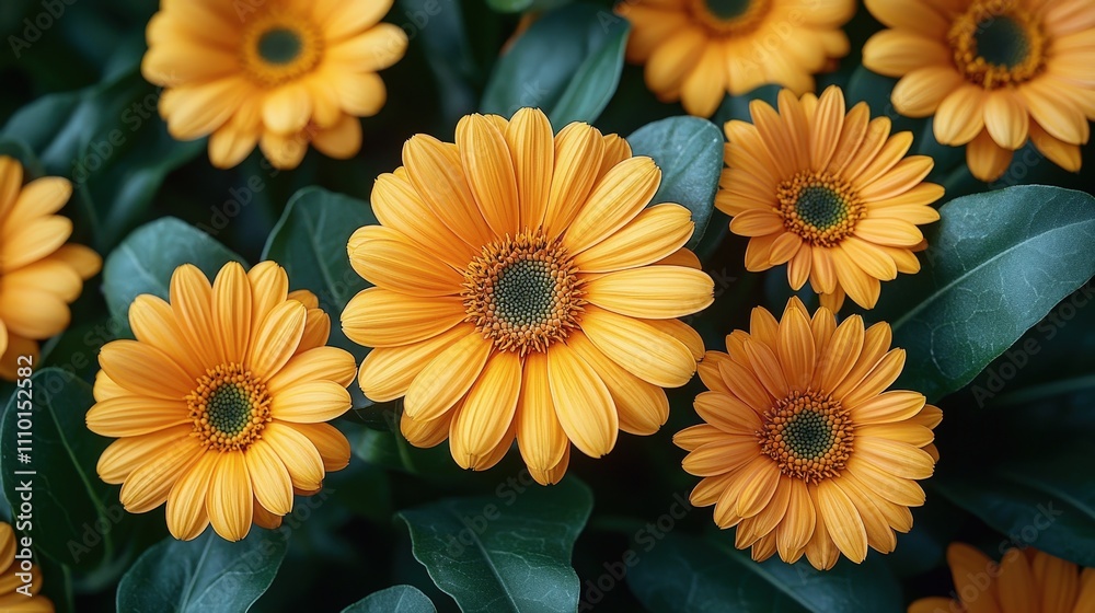 Close-up of vibrant yellow daisies in full bloom amid lush green foliage Close-up of vibrant yellow daisies in full bloom amid lush green foliage