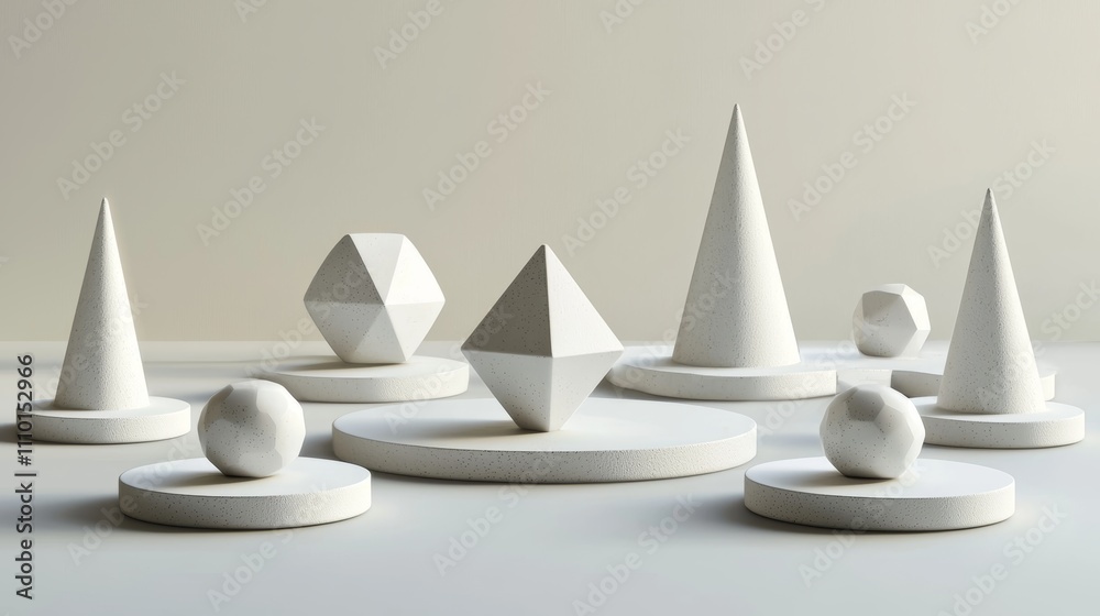 Minimalist geometric shapes on cylindrical pedestals in soft tones Minimalist geometric shapes on cylindrical pedestals in soft tones