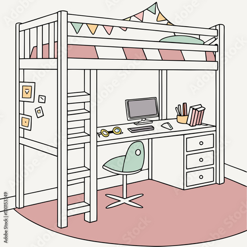 Modern kitchen interior vector illustration features home furniture design with cabinets and a shelf