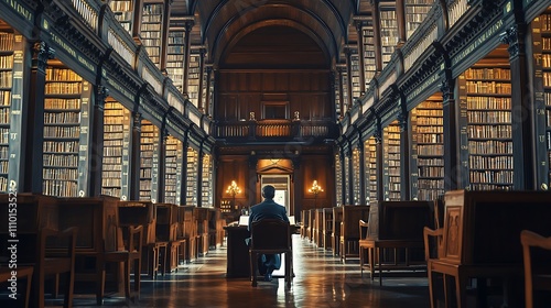 Man sits alone studying in a grand, old library filled with bookshelves.