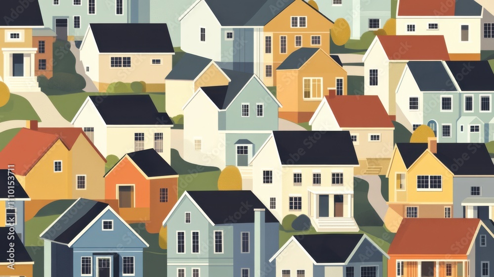 A powerful portrayal of socioeconomic inclusion in housing with a neighborhood scene where homes of varying sizes and designs are interconnected by accessible pathways A powerful portrayal of socioeconomic inclusion in housing with a neighborhood scene where homes of varying sizes and designs are interconnected by accessible pathways