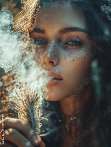 occult science and supernatural concept - close up of woman or witch with smoking white sage performing magic ritual in forest photo