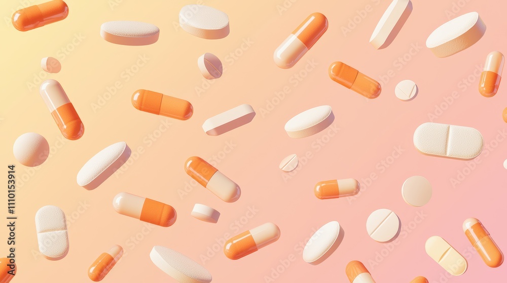 Floating colorful capsules and tablets on gradient background Floating colorful capsules and tablets on gradient background