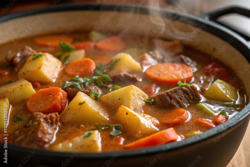 A hearty stew with vegetables and meat, steaming in a pot, ready to serve. A hearty stew with vegetables and meat, steaming in a pot, ready to serve.