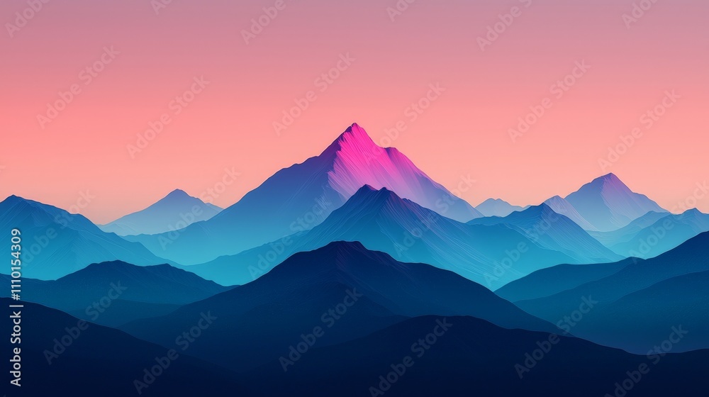 Fototapeta premium Pink and blue mountain range at sunset.