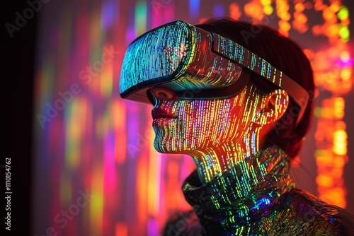 Woman in VR headset with code projections on face.