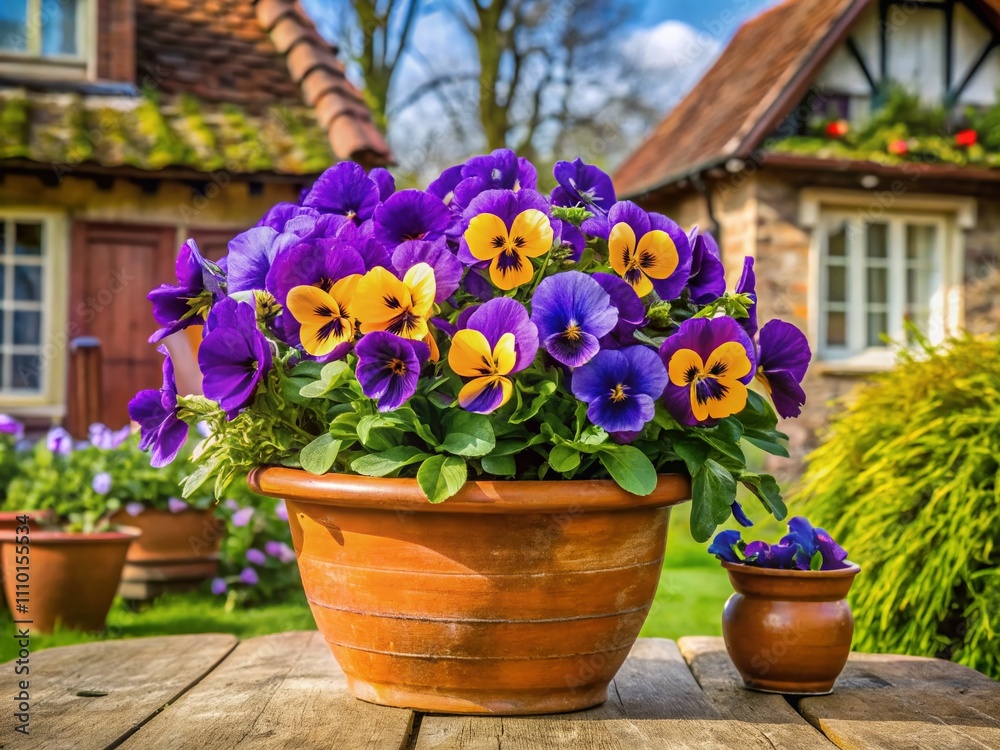 A Charming Spring Scene: A Closeup of a Terracotta Pot Filled with Lush Violet Pansies Against a Colorful Garden Backdrop in Rustic Dutch Style