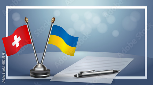 Switzerland and Ukraine Small national flag on bokeh background, cooperative relationship