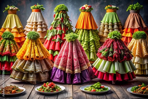 A Colorful Display of Various Skirt Types: A Food Photography Session Featuring Delicious Dishes Styled with Fashionable Skirts in an Artistic Culinary Setting