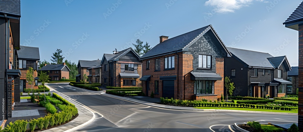 Newly Developed Contemporary Suburban Residential Neighborhood with Uniform Homes and Freshly Paved Streets Newly Developed Contemporary Suburban Residential Neighborhood with Uniform Homes and Freshly Paved Streets