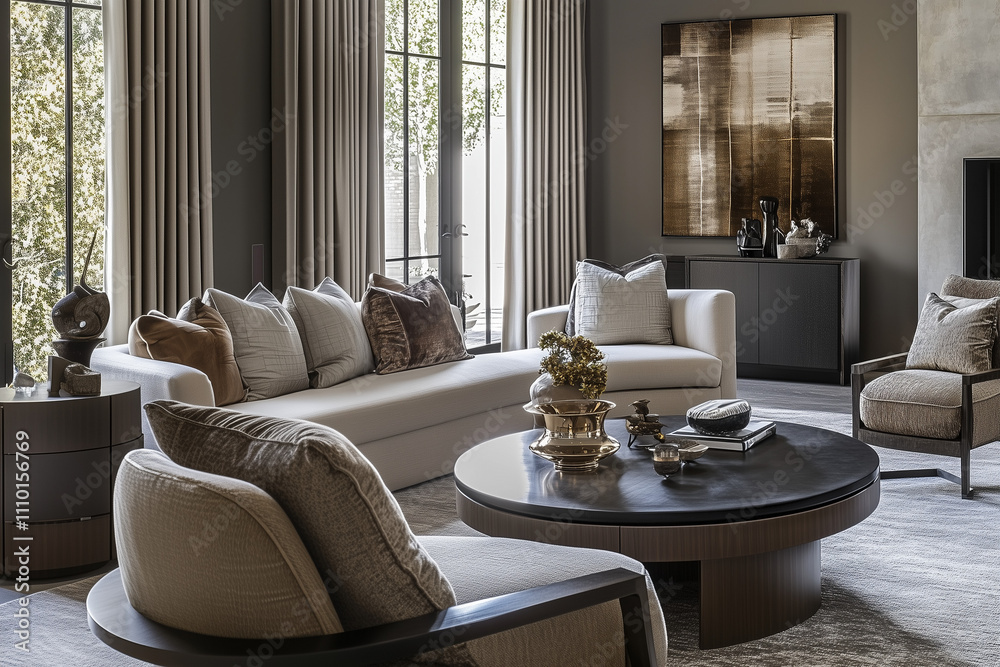 editorial style interiorphoto of a livingroom as seen in a 2024 architectural interior magazine, cozy, warm neutral colours, 