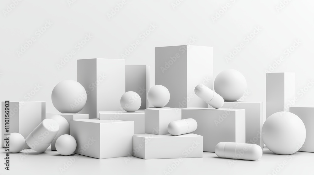 Minimalist geometric shapes composition in monochrome white Minimalist geometric shapes composition in monochrome white