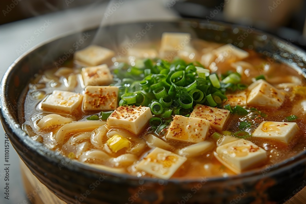 Savoring the Delights of a Steaming Hot Bowl of Miso Soup with Noodles and Tofu Savoring the Delights of a Steaming Hot Bowl of Miso Soup with Noodles and Tofu