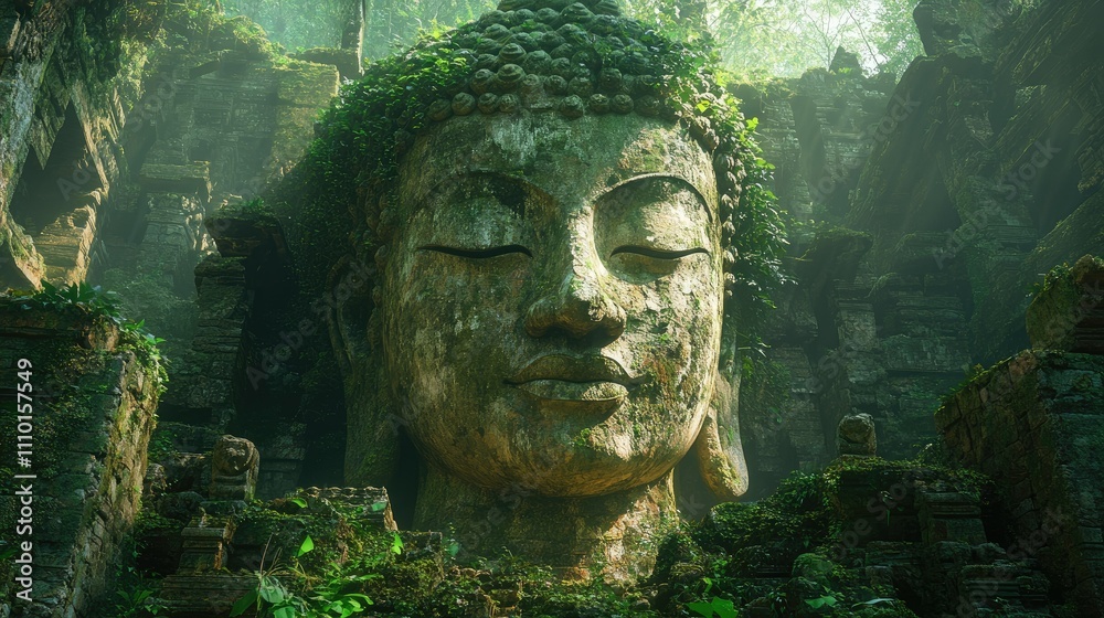 A serene, overgrown Buddha statue surrounded by lush greenery in a mystical forest setting. A serene, overgrown Buddha statue surrounded by lush greenery in a mystical forest setting.