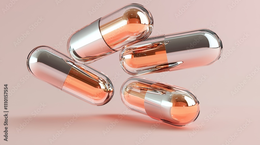 Futuristic metallic capsules on soft pink background for innovative medicine concepts Futuristic metallic capsules on soft pink background for innovative medicine concepts
