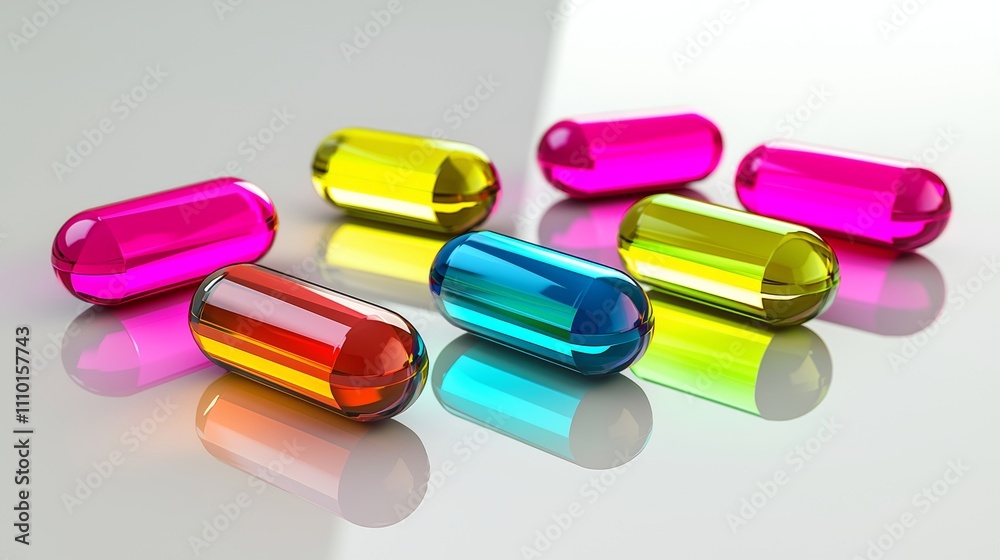 Vibrant capsules on reflective surface showcasing modern pharmaceutical design Vibrant capsules on reflective surface showcasing modern pharmaceutical design