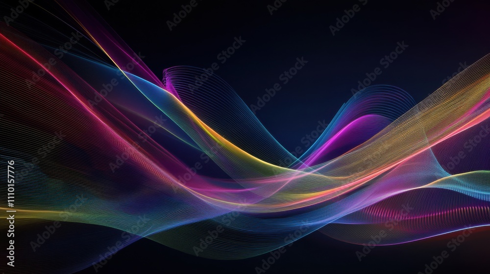 Naklejka premium A serene depiction of multi-colored abstract lines converging to form a unified, flowing design on a dark surface, Representing the seamless integration of diverse perspectives into a single