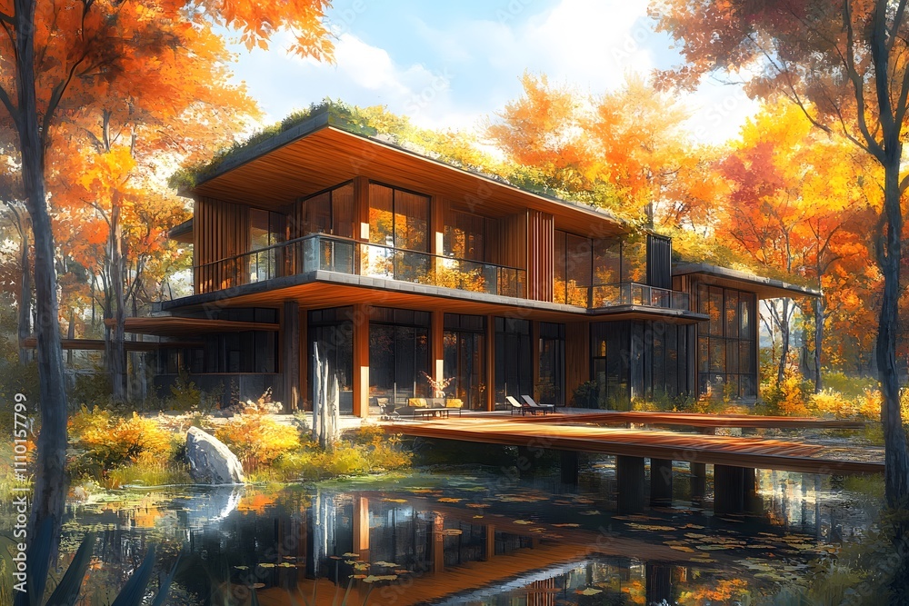 Fototapeta premium 3D visualization of a modern private house in the forest. cozy house 
