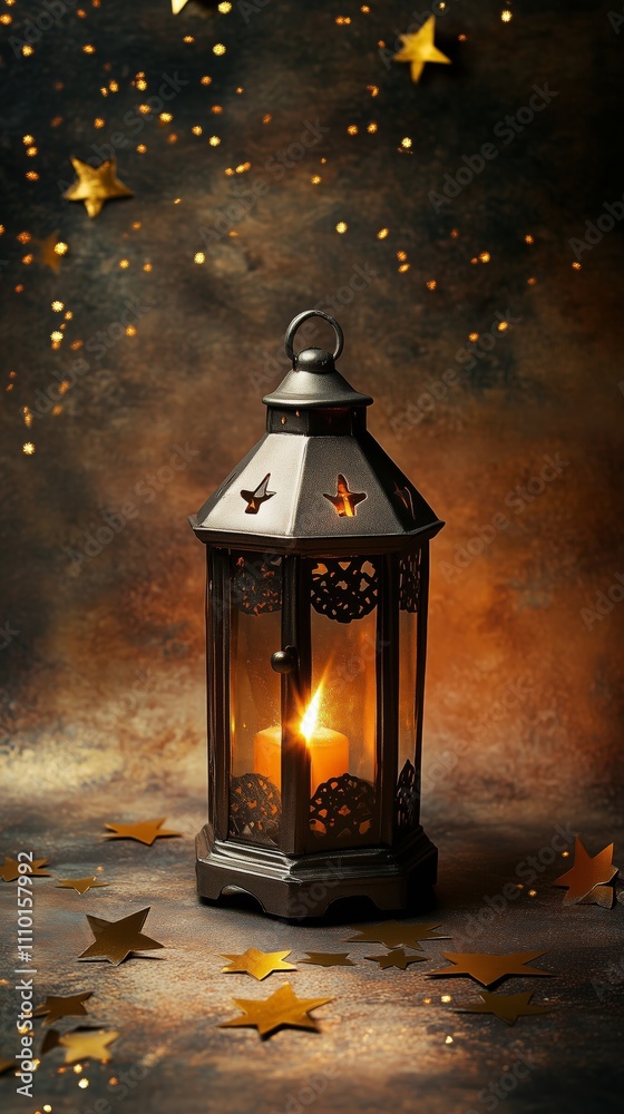 Close-up of a shining lantern surrounded by New Year's stars