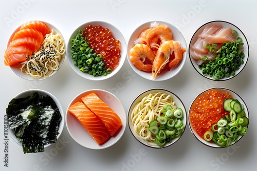 Traditional Japanese Ramen Ingredients Arranged on a White Background for an Authentic Culinary Experience photo