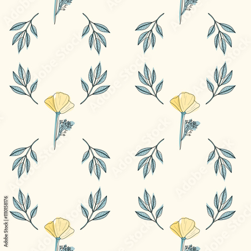 Elegant vector pattern with yellow flowers and blue leaves on a creamy beige background. Ideal for textiles, wallpapers, packaging, and eco-friendly branding with a fresh, modern, and natural feel.