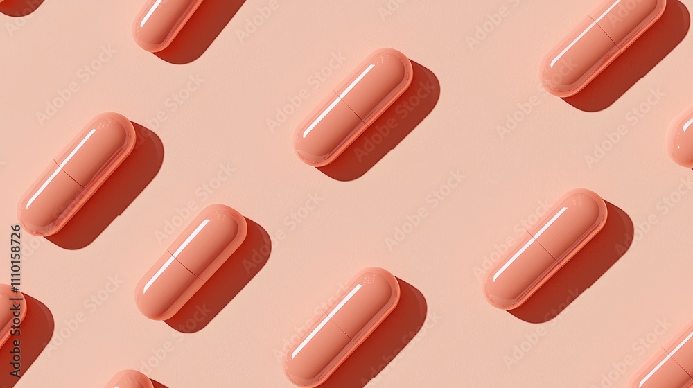 Seamless pattern of pink capsules on a light coral background for health and wellness Seamless pattern of pink capsules on a light coral background for health and wellness