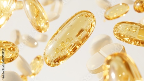 Close-up of omega-3 fish oil capsules floating against white background for health and wellness concepts