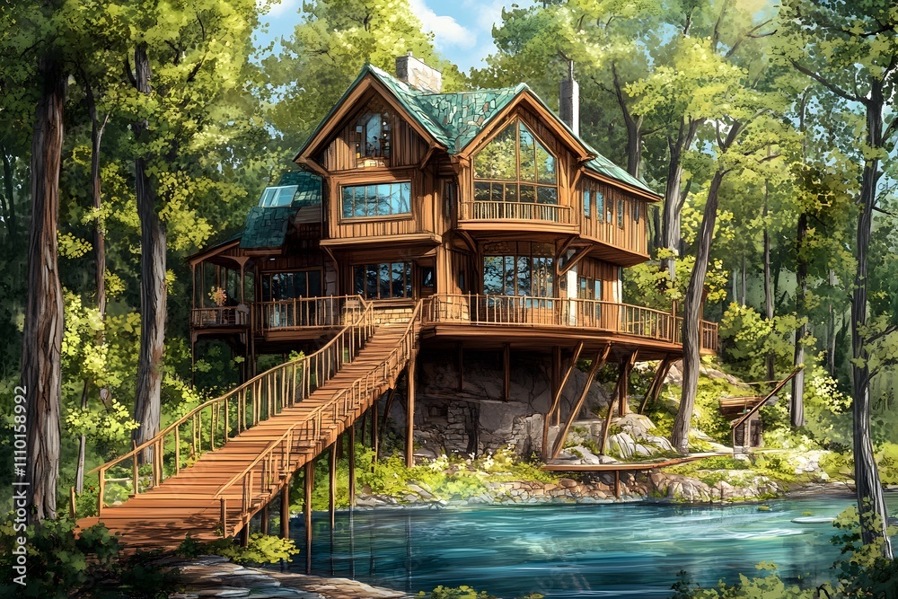 3D visualization of a modern private house in the forest. cozy house
3D visualization of a modern private house in the forest. cozy house