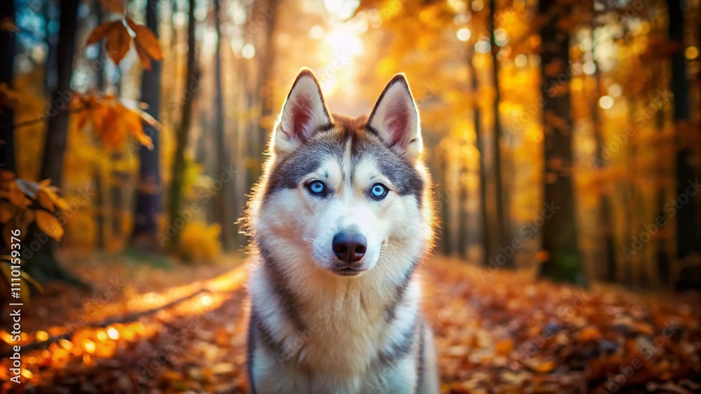 Adorable One-Year-Old Siberian Husky Portrait in Autumn Forest Setting with Blue Eyes, Surrounded by Rustic Countryside Nature and Warm Flare Adorable One-Year-Old Siberian Husky Portrait in Autumn Forest Setting with Blue Eyes, Surrounded by Rustic Countryside Nature and Warm Flare