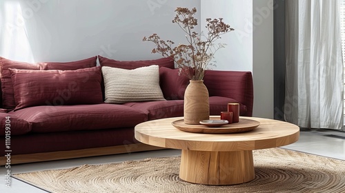 Stylish living room with a maroon sofa and wooden coffee table centerpiece.