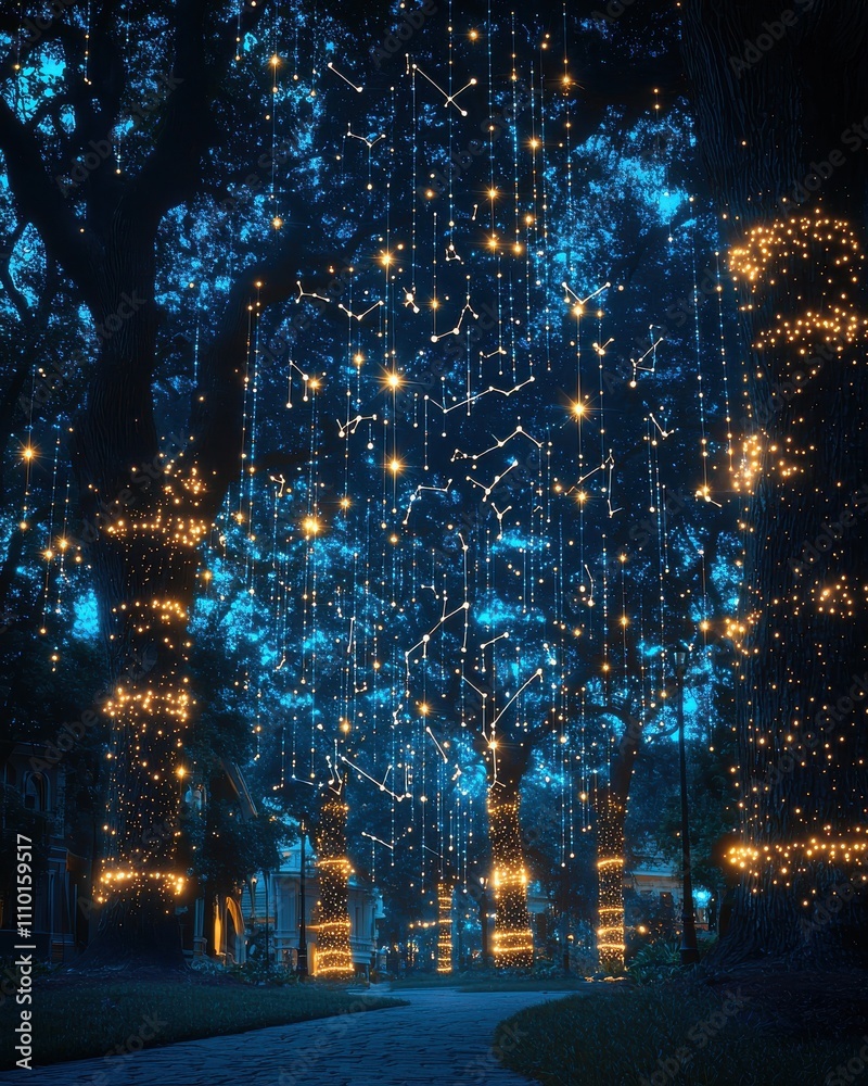 Naklejka premium Magical light display celebration in enchanted forest captivating night scene vibrant and dreamy atmosphere
