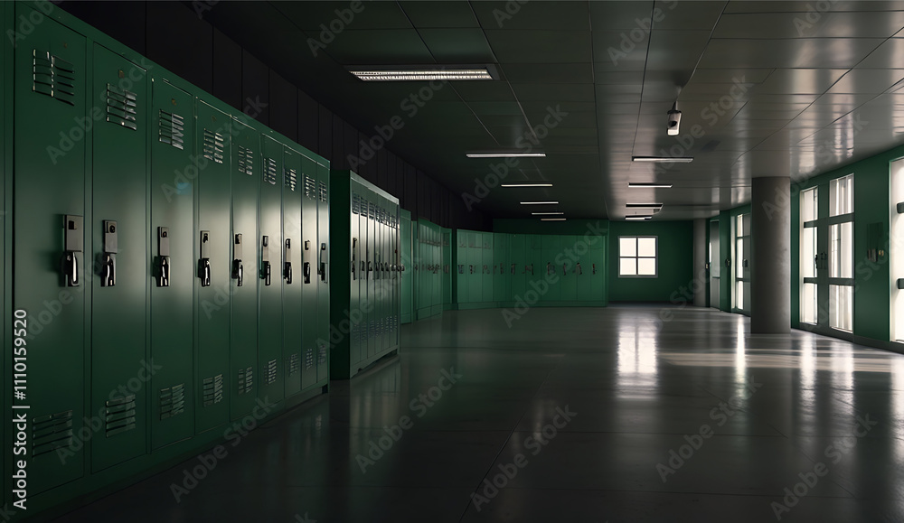 Fototapeta premium Empty School Hallway with Green Lockers and Natural Light