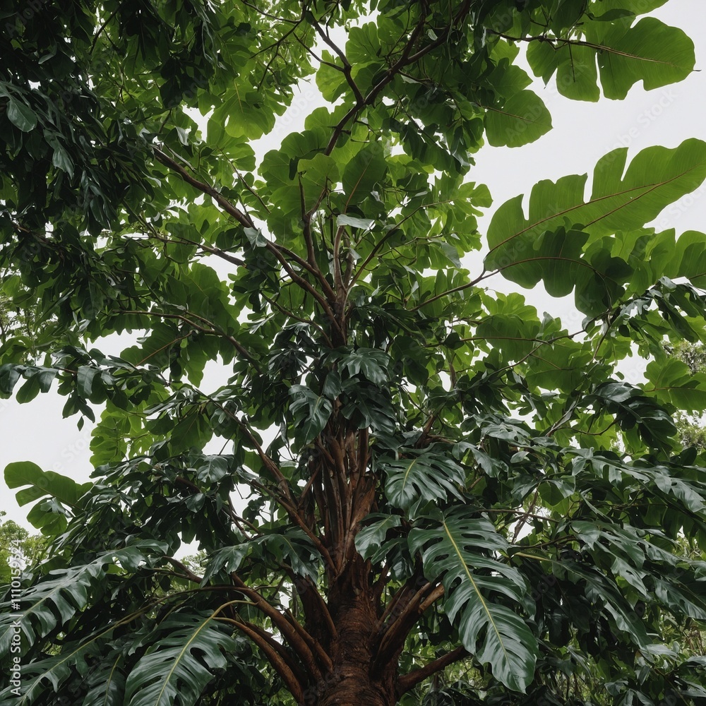 A mahogany tree with large leaves and a dense canopy, depicted against a white background. A mahogany tree with large leaves and a dense canopy, depicted against a white background.