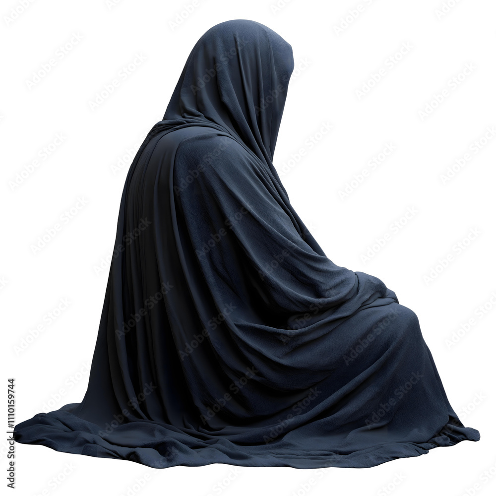 A solitary figure draped in a dark cloak, sitting in contemplation. Emphasizes themes of solitude and reflection against a white background. A solitary figure draped in a dark cloak, sitting in contemplation. Emphasizes themes of solitude and reflection against a white background.