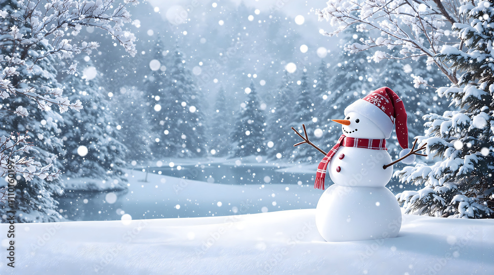Obraz premium happy new year and Merry christmas. Happy snowman standing in christmas landscape, greeting card with copy space. Snow background. Winter fairytale.
