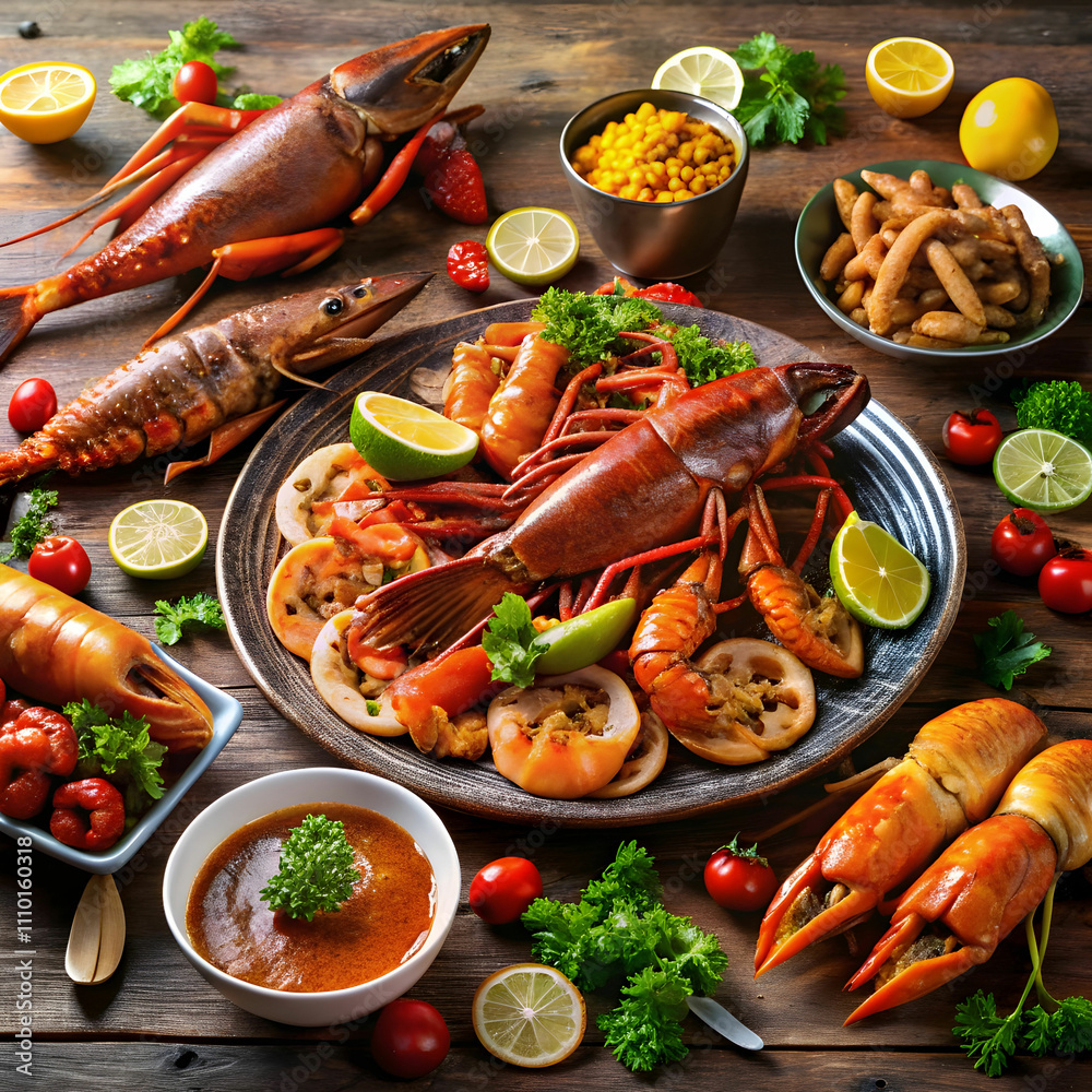 a table full of seafood including lobsters shrimp a table full of seafood including lobsters shrimp