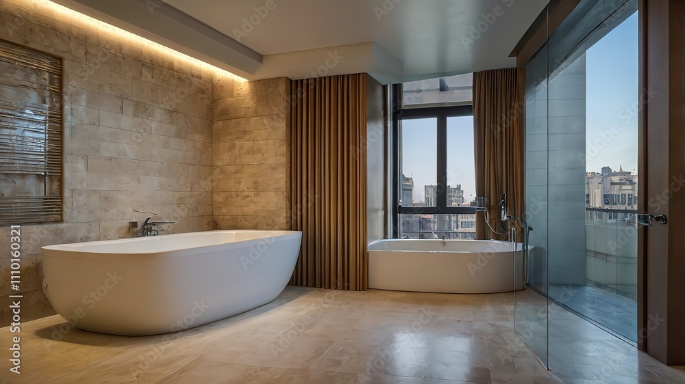 Fototapeta premium Modern hotel bathroom interior with tub and shower behind partition, window, High Resolution