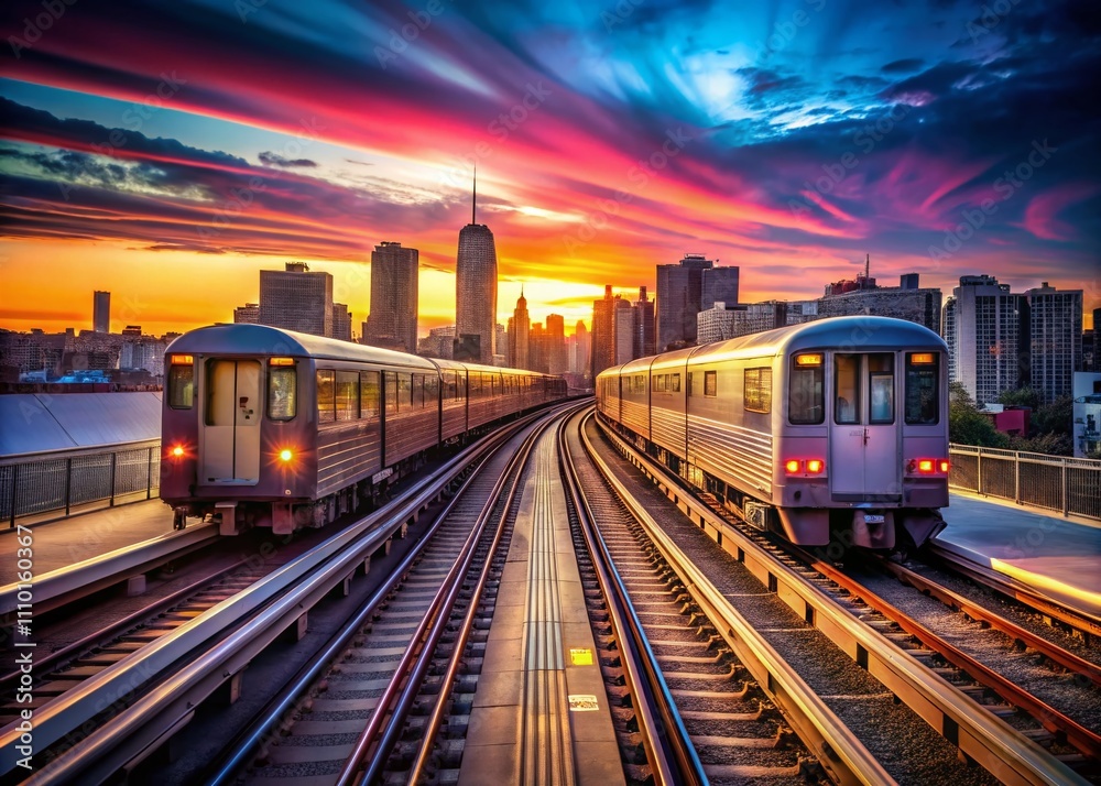 A Dusk Scene of Subway Trains Passing by Each Other in Slow Motion, Capturing the Dynamic Energy of Urban Transit with a Beautiful Twilight Backdrop and Ample Copy Space A Dusk Scene of Subway Trains Passing by Each Other in Slow Motion, Capturing the Dynamic Energy of Urban Transit with a Beautiful Twilight Backdrop and Ample Copy Space