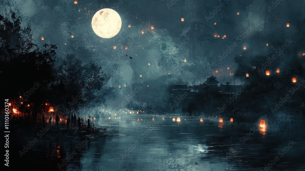 Fototapeta premium A creative illustration of A moonlit celebration by a river, with people releasing lanterns into the sky and onto the water as part of an autumn ritual